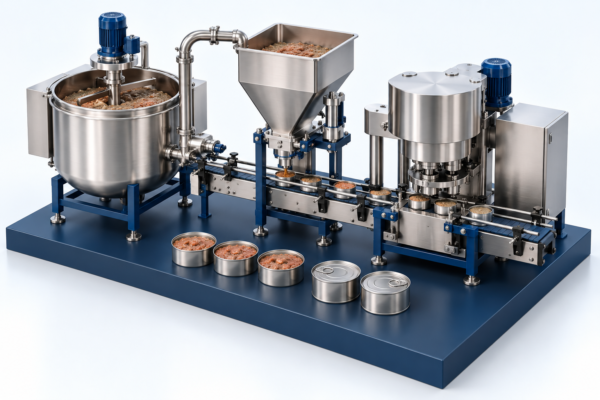 Conceptual illustration of canned pet food production equipment in Seamerco brand colors