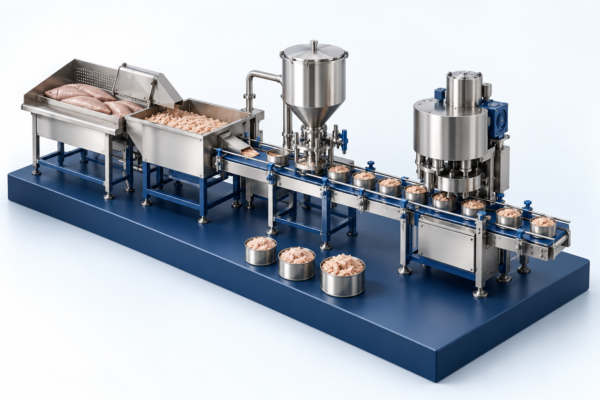 Conceptual illustration of canned tuna production equipment in Seamerco brand colors