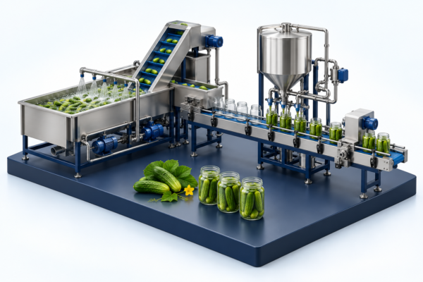 Conceptual illustration of pickles and vegetables production equipment in Seamerco brand colors