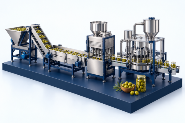 Conceptual illustration of table olives production equipment in Seamerco brand colors