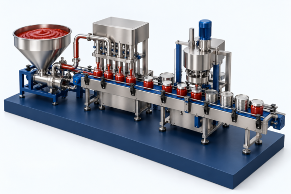 Conceptual illustration of tomato paste packaging equipment in Seamerco brand colors