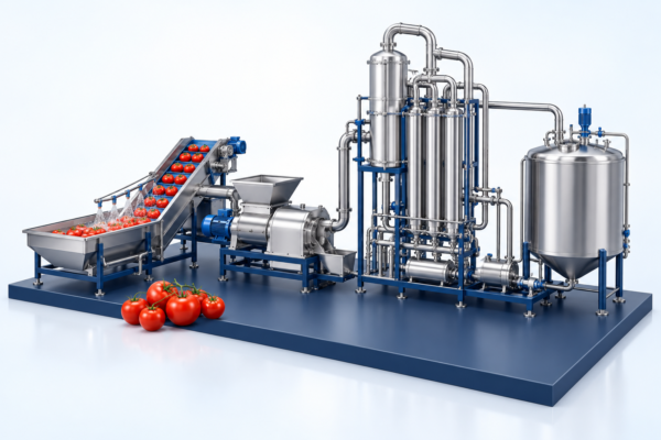 Conceptual illustration of tomato paste processing equipment in Seamerco brand colors